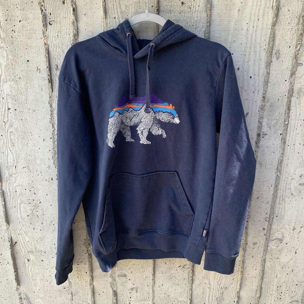 Patagonia Men's Black Bear Mountain Graphic Pullover Hoodie Navy Outdoor Sz Sm